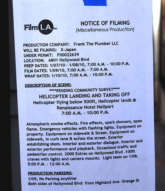 Hollywood Notice of Filming