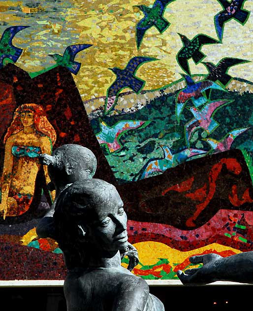 Millard Sheets "fountain family" sculpture, circa 1952, at his mosaic mural, at the former Home Savings of America building at 2600 Wilshire Boulevard in Santa Monica