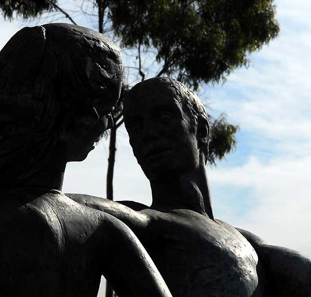 Millard Sheets "fountain family" sculpture, circa 1952, at his mosaic mural, at the former Home Savings of America building at 2600 Wilshire Boulevard in Santa Monica