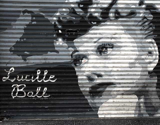 Lucille Ball graphic on rollup door, Hollywood Boulevard