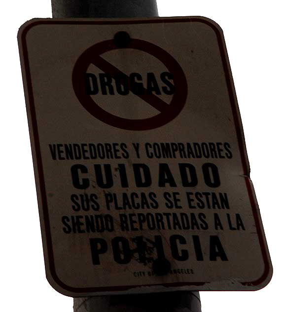Sign in Spanish warning drug dealers, Yucca and North Las Palmas, Hollywood