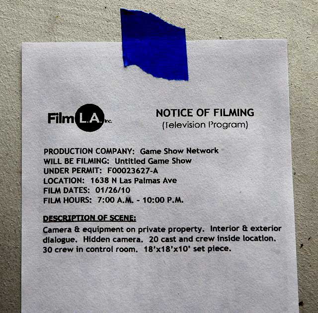 Notice of filming, January 26, 2010, North Las Palmas, Hollywood