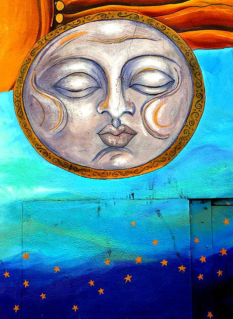 Detail of the 1991 mural by Annie Sperling, A Mural Dedicated to Peace ("Silver Lake Mi Amor") on the southwest corner of Sunset and Hyperion, Sunset Junction (Silverlake)
