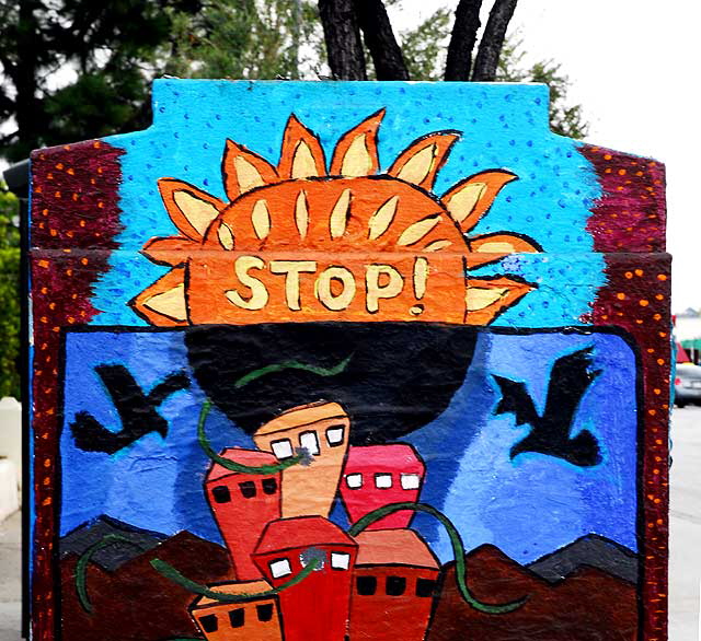 Public Art in East Hollywood, painted utility box on Hollywood Boulevard at New Hampshire Avenue, between Thai Town and Los Feliz