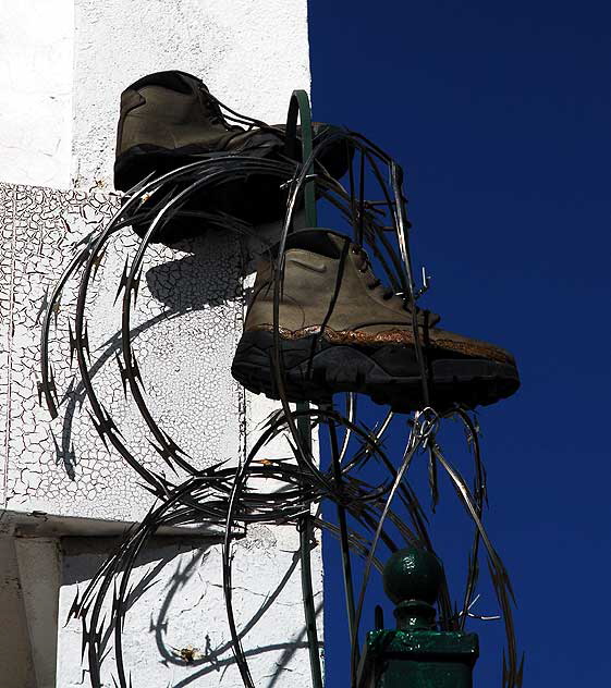 Shoes on razor wire, Hollywood Boulevard at the old Florentine Gardens