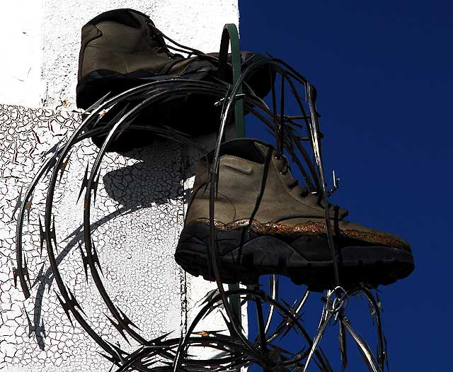 Shoes on razor wire, Hollywood Boulevard at the old Florentine Gardens