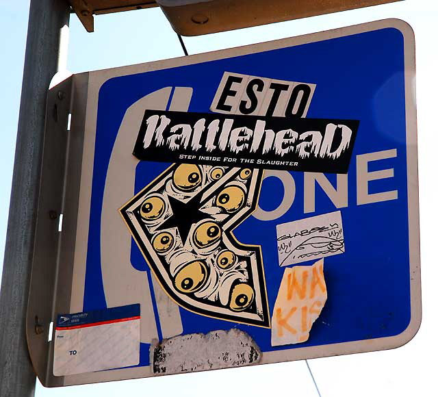 Pay Phone sign with stickers, Sunset Boulevard at Vista, Hollywood