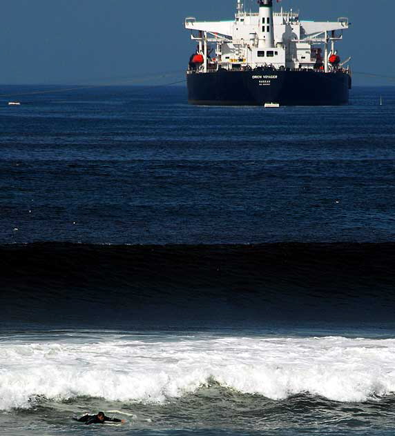 But in between Manhattan Beach and Malibu there are the oil tankers anchored off El Segundo, pumping their loads of Alaskan crude to the big Chevron oil refinery just to the north, by the airport. 