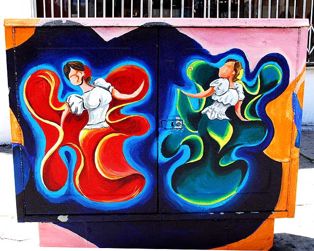 Dancers on utility box on Temple, near Echo Park, Los Angeles