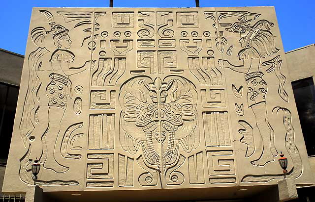 Unattributed Aztec panel on the Barkley Professional Building, on the northwest corner of Laurel Canyon Boulevard and Weddington Street, between Magnolia and Chandler Boulevard in the San Fernando Valley