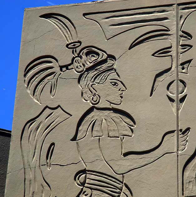 Unattributed Aztec panel on the Barkley Professional Building, on the northwest corner of Laurel Canyon Boulevard and Weddington Street, between Magnolia and Chandler Boulevard in the San Fernando Valley