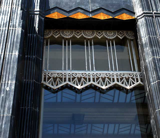 Security-First National Bank of Los Angeles branch at 5209 Wilshire Boulevard - listed on the National Register of Historic Places, built in 1929, the work of the architecture firm of Morgan, Walls and Clements - the last surviving example of Stiles O. Clements' black-and-gold terra cotta designs