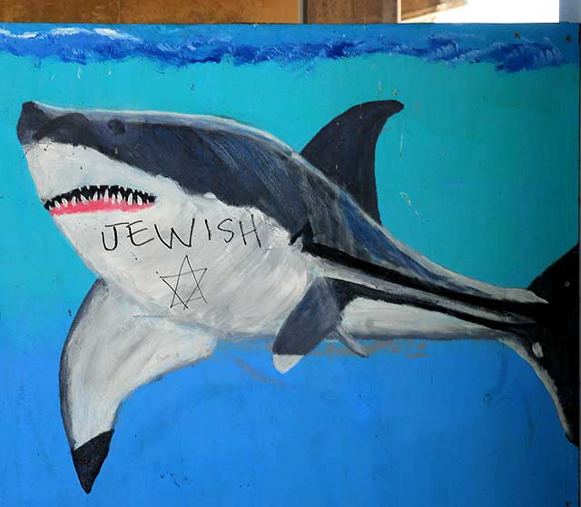 Jewish Shark, defaced mural at the base of the Santa Monica Pier