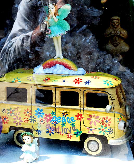 Peace and Love van in shop window, Sunset Boulevard at Sierra Bonita