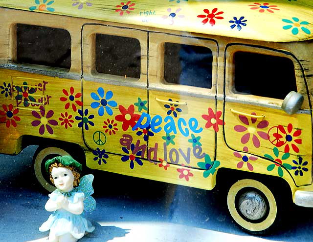 Peace and Love van in shop window, Sunset Boulevard at Sierra Bonita
