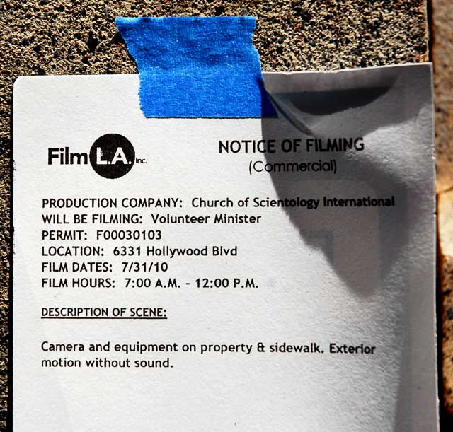 Filming notice at Scientology building on Hollywood Boulevard