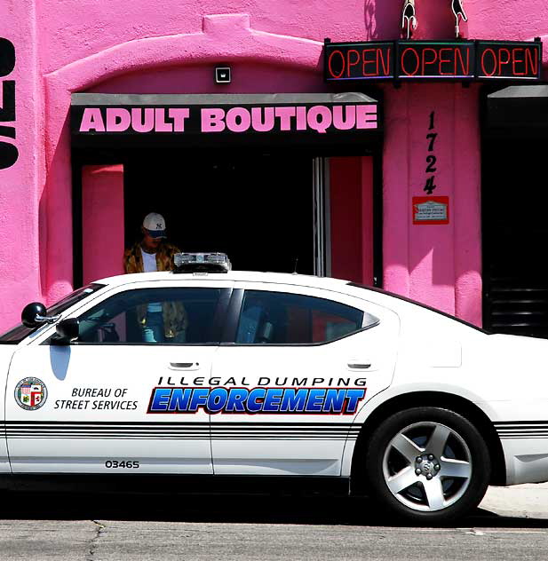 Illegal Dumping Enforcement car at adult book store, North Cahuenga, just off Hollywood Boulevard at Raymond Chandler Square