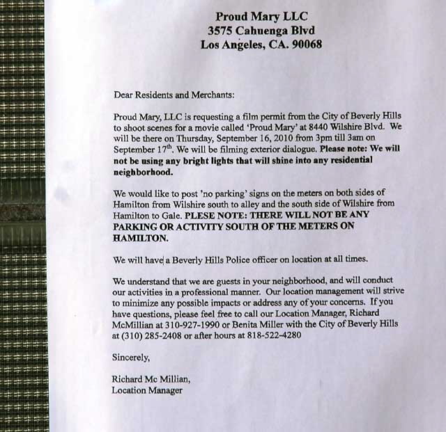 "Proud Mary" filming notice, 8440 Wilshire Boulevard - Thursday, September 16, 2010