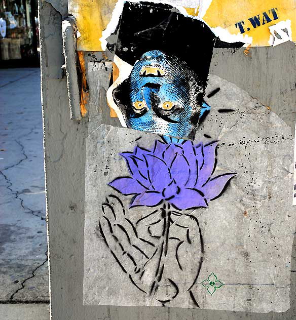 Upside-down "George Washington" vampire and blue lotus blossom - utility box, Melrose Avenue