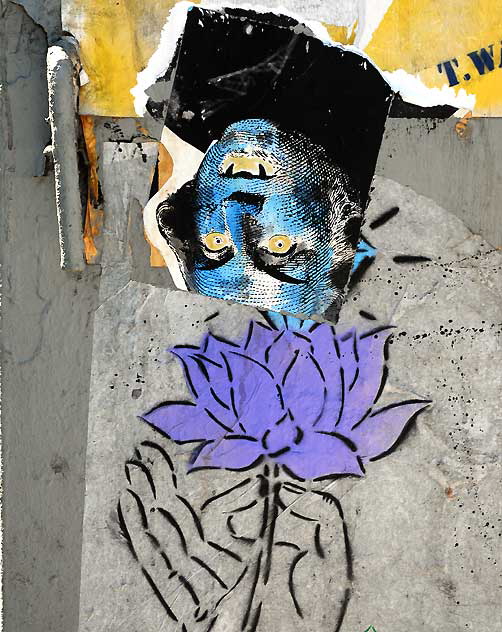 Upside-down "George Washington" vampire and blue lotus blossom - utility box, Melrose Avenue