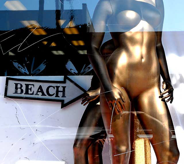 "Beach" window display, thrift shop at Fairfax and Oakwood