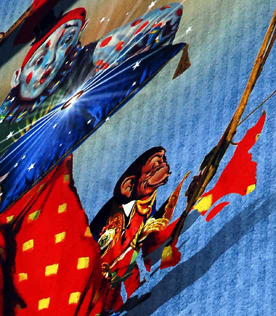 Clown and Monkey - detail of banner for a Robert Plant album, west wall of Amoeba Music, Sunset Boulevard in Hollywood