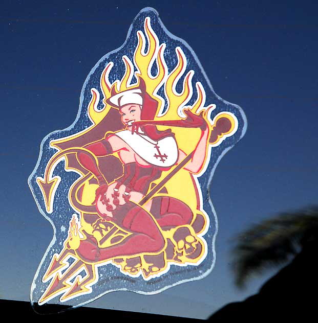 Devil-Nun Witch, sticker in car window, Hollywood Boulevard