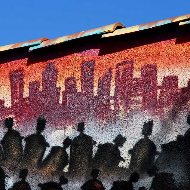 Cityscape mural in alley behind Melrose Avenue