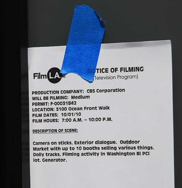 Filming Notice - CBS: Medium - Ocean Front Walk at Washington Boulevard, Venice Beach, Friday, October 1, 2010