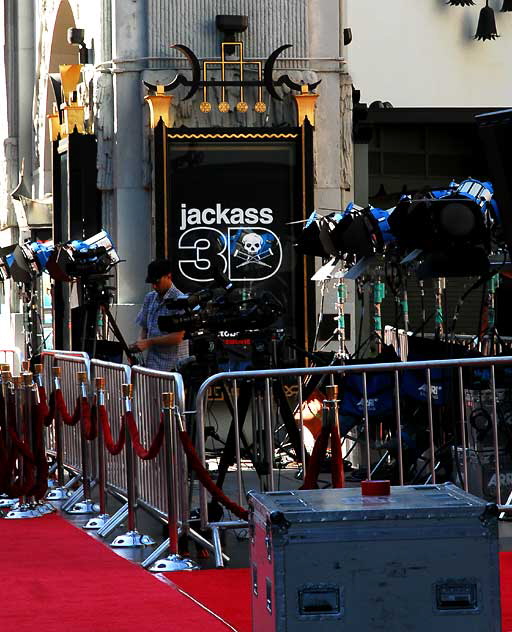 Setting up for the world premiere of "Jackass 3-D" at the Chinese Theater on Hollywood Boulevard, Wednesday, October 13, 2010