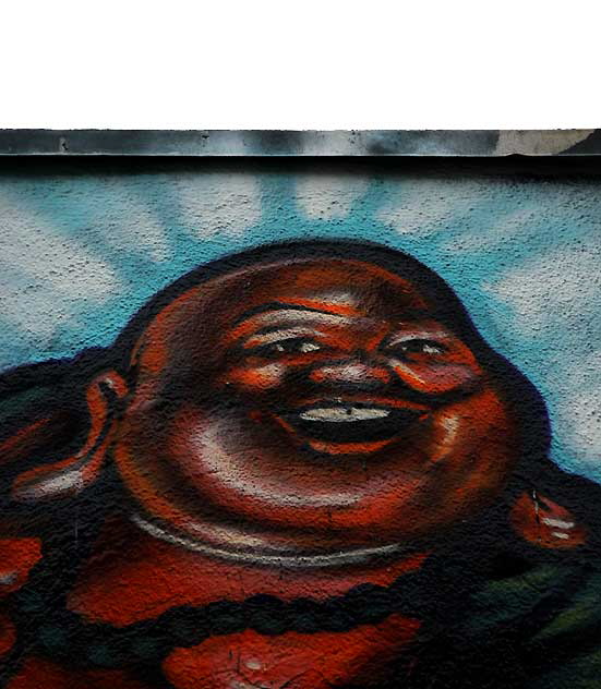 Happy Buddha, detail of mural in alley, Melrose at Fuller