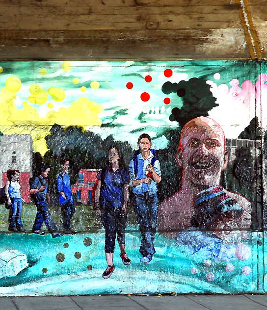 Detail of the "Gateway" mural - 2008, by Louie Metz, Guia Avesani, Rob Malone and Brandt Marshall - Myra Avenue Underpass, under Sunset Boulevard in Silverlake