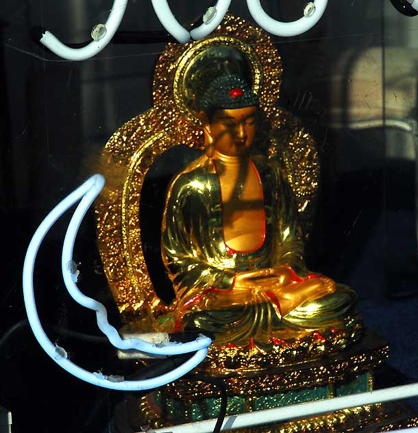 Golden Buddha, window of psychic shop, Third Street and Western Avenue, Koreatown