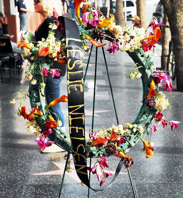 Wreath for Leslie Nielsen at his star one Hollywood Boulevard, Friday, December 3, 2010