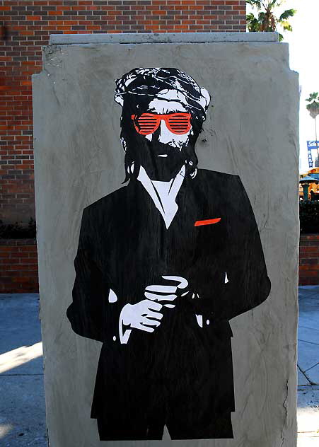 Bearded Sunglasses Man, utility box at Fairfax and Oakwood, south of Hollywood 