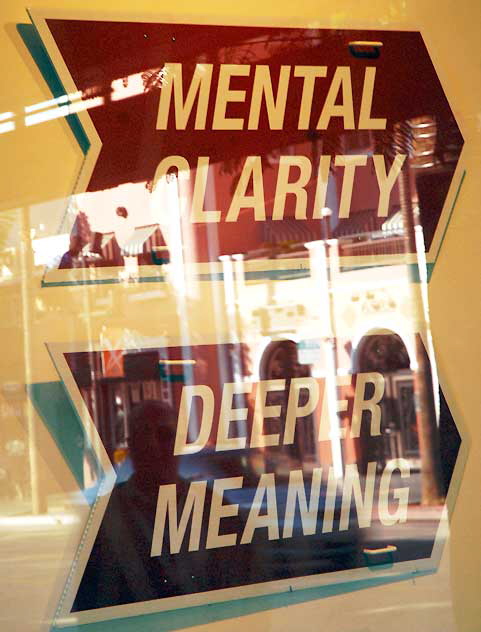 Mental Clarity / Deeper Meaning - signs in window of shuttered art gallery on Hollywood Boulevard
