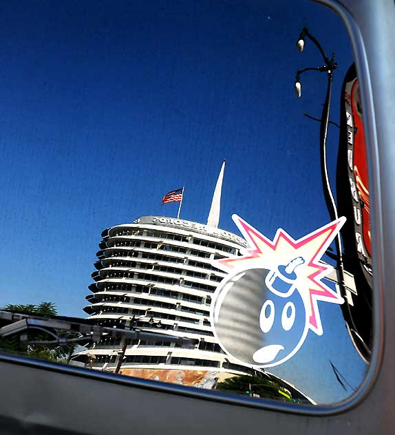 Van window on Vine Street in Hollywood - Capitol Records building and bomb decal