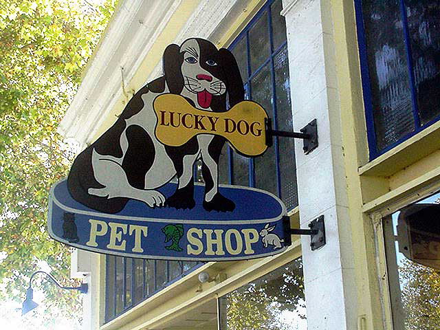 This photo shows the sign for the Lucky Dog Pet Supply in Berkeley where fans of Phillip K. Dick will see the place where (according to local lore) he bought horse meat to feed himself and his wife.
