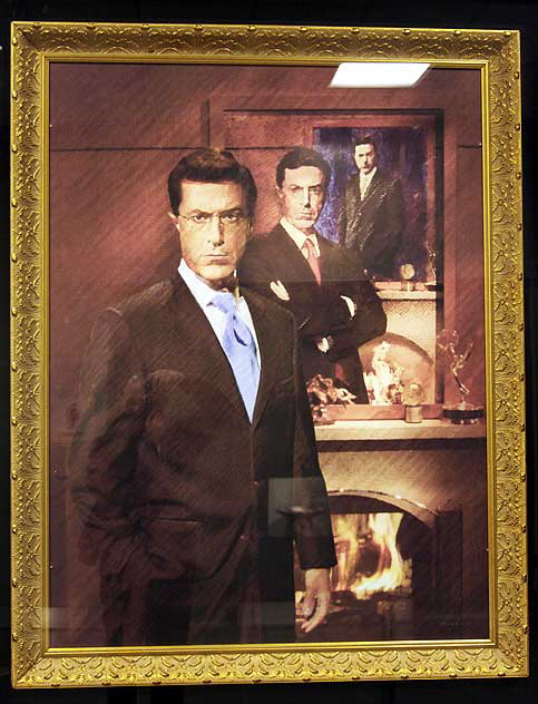 Steven Colbert portrait near a restroom in the Smithsonian 