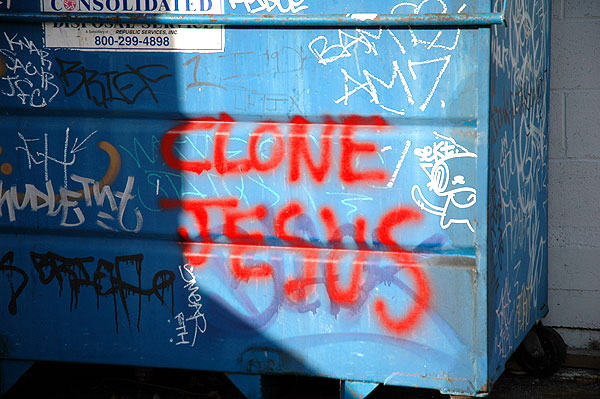 Clone Jesus graffiti on a dumpster in an alley off Sunset Boulevard 