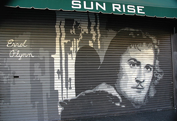 Errol Flynn graphic on roll-up door, Hollywood Boulevard
