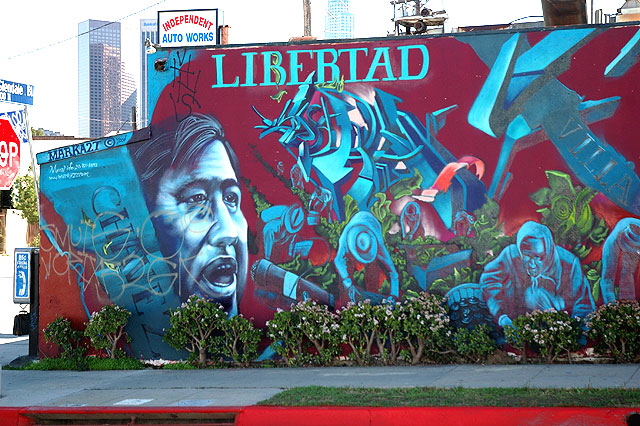 2004 mural by Victor M. Quiñonez - who works under the name Marka 27 - on the southwest corner of Glendale and Colton, in the scruffy area just north of downtown Los Angeles.