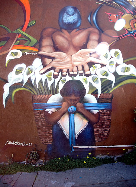 2004 mural by Victor M. Quiñonez - who works under the name Marka 27 - on the southwest corner of Glendale and Colton, in the scruffy area just north of downtown Los Angeles.