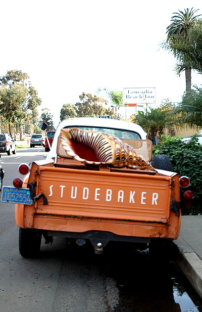 Studebaker truck with giant shell - Leucadia, on the coast north of San Diego