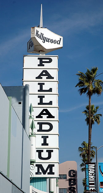The Hollywood Palladium - where they held the Oscars for many years - and which may be torn down soon.  The old CBS west coast headquarters is in the background, now mostly empty as CBS Television City down on Fairfax is where the actions is now - all the games shows and talk shows.