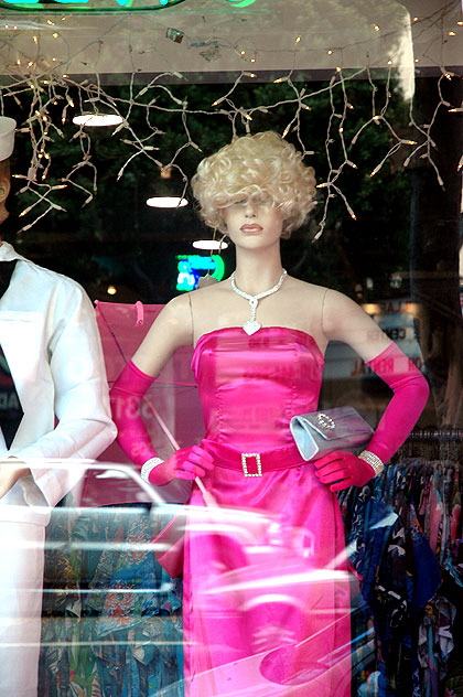 At Hollywood and Vine, at Iguana Vintage Clothing, pink display 