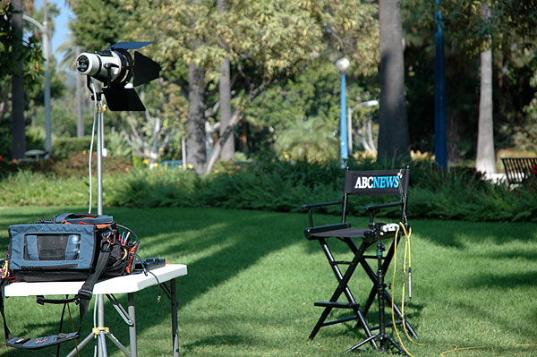 ABC News sets up for a remote in Beverly Hills, Thursday, November 2, in the park just across Sunset Boulevard from the Beverly Hills Hotel