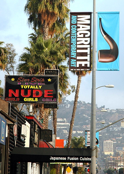 La Cienega Boulevard in West Hollywood, looking north to the Hollywood Hills, Saturday morning, November 25, 2006. Belgian surrealism meets Japanese fusion at the Hollywood strip club?