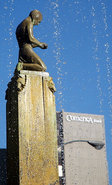 Electric Fountain and Indian sculture (1931) - plaza and fountain, architect Ralph Carlin Flewelling, sculpture  by Robert Merrell Gage 