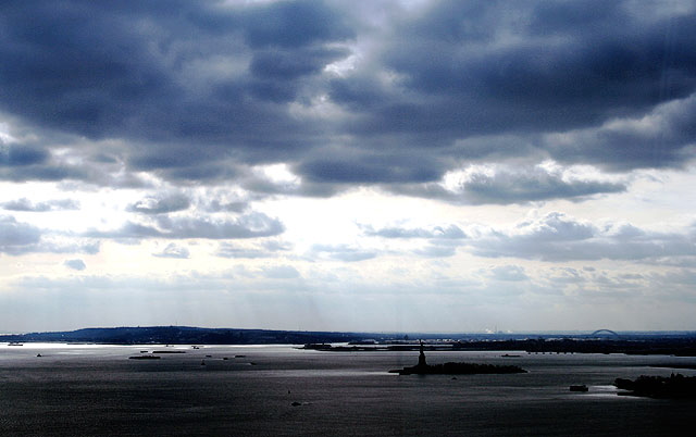 New York Harbor and the Statute of Liberty, from an office window at One World Trade Center, lower Manhattan